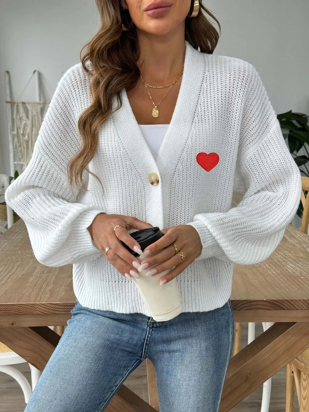 Heart Button Down V-Neck Long Sleeve Cardigan Easy Apparels