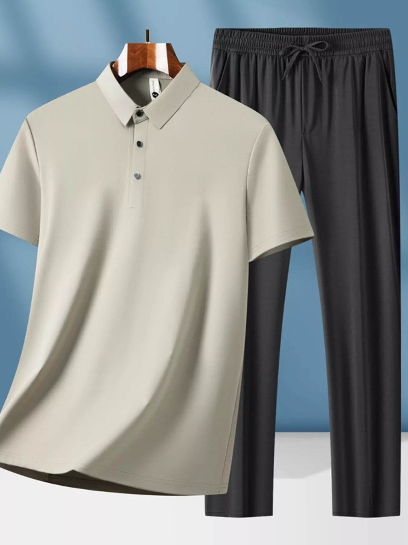 Men's Plus Size Button Detail Short Sleeve Top and Pants Set Beige Easy Apparels
