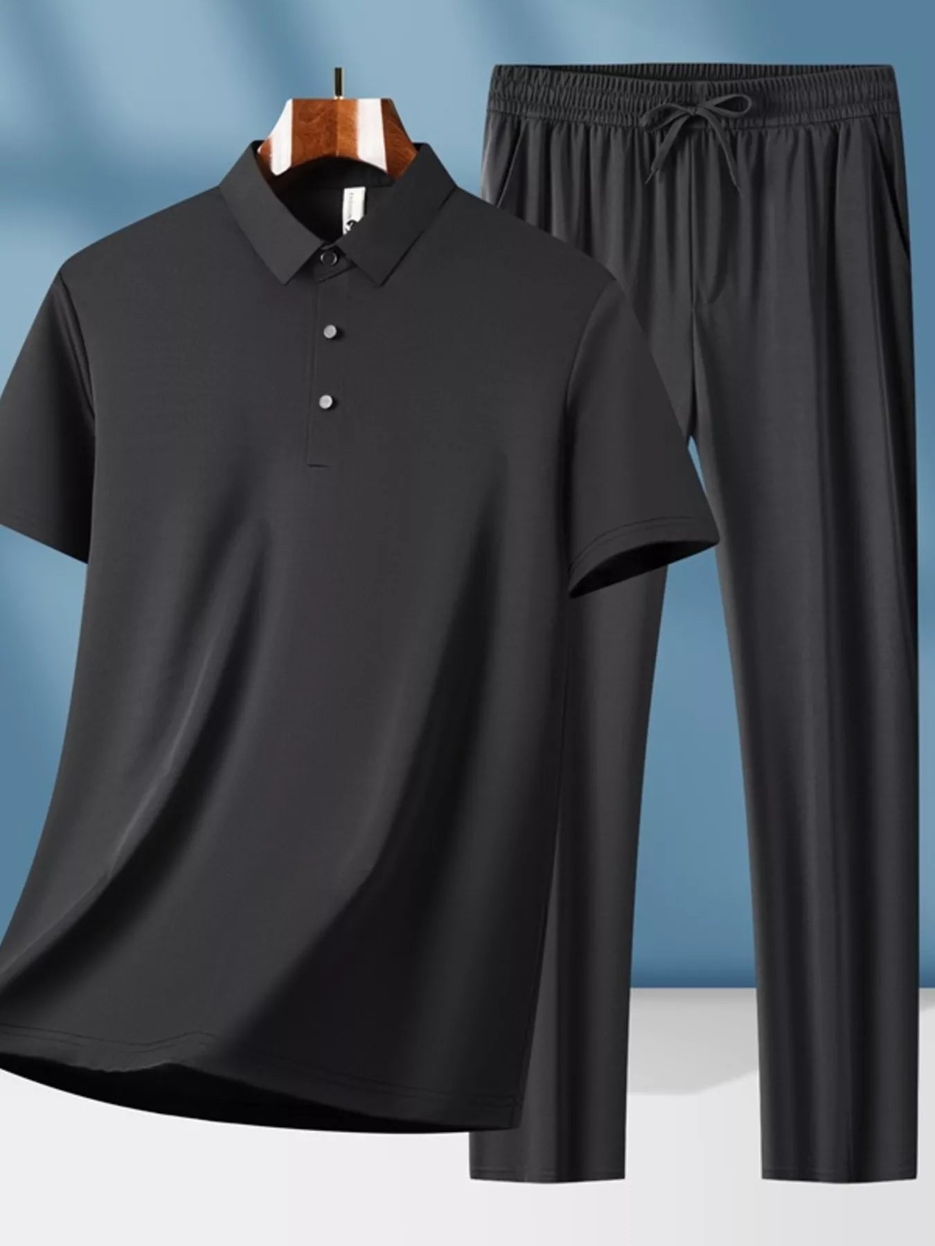 Men's Plus Size Button Detail Short Sleeve Top and Pants Set Black Easy Apparels