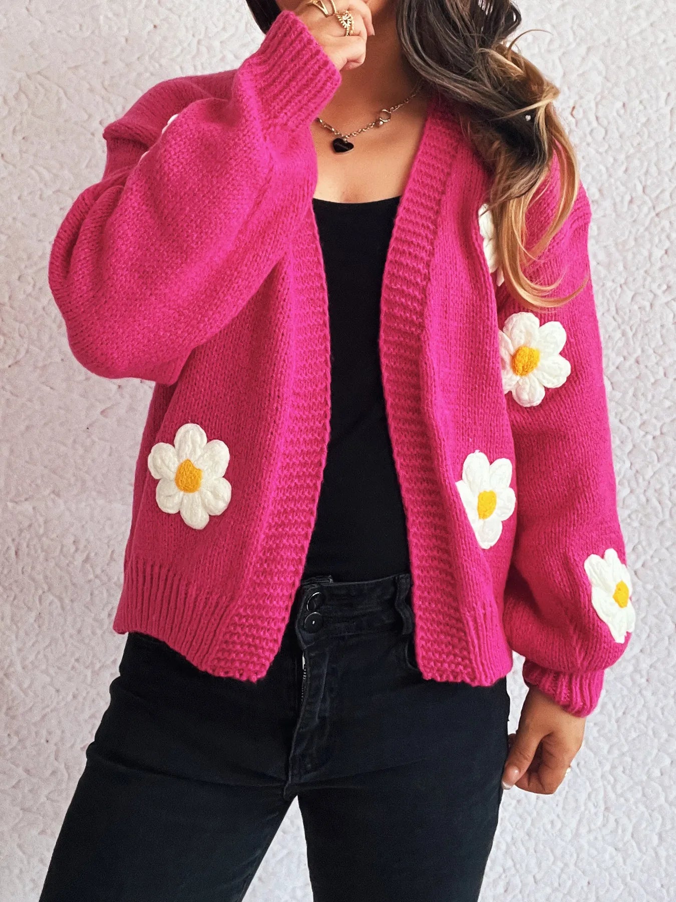 Flower Open Front Long Sleeve Cardigan Easy Apparels