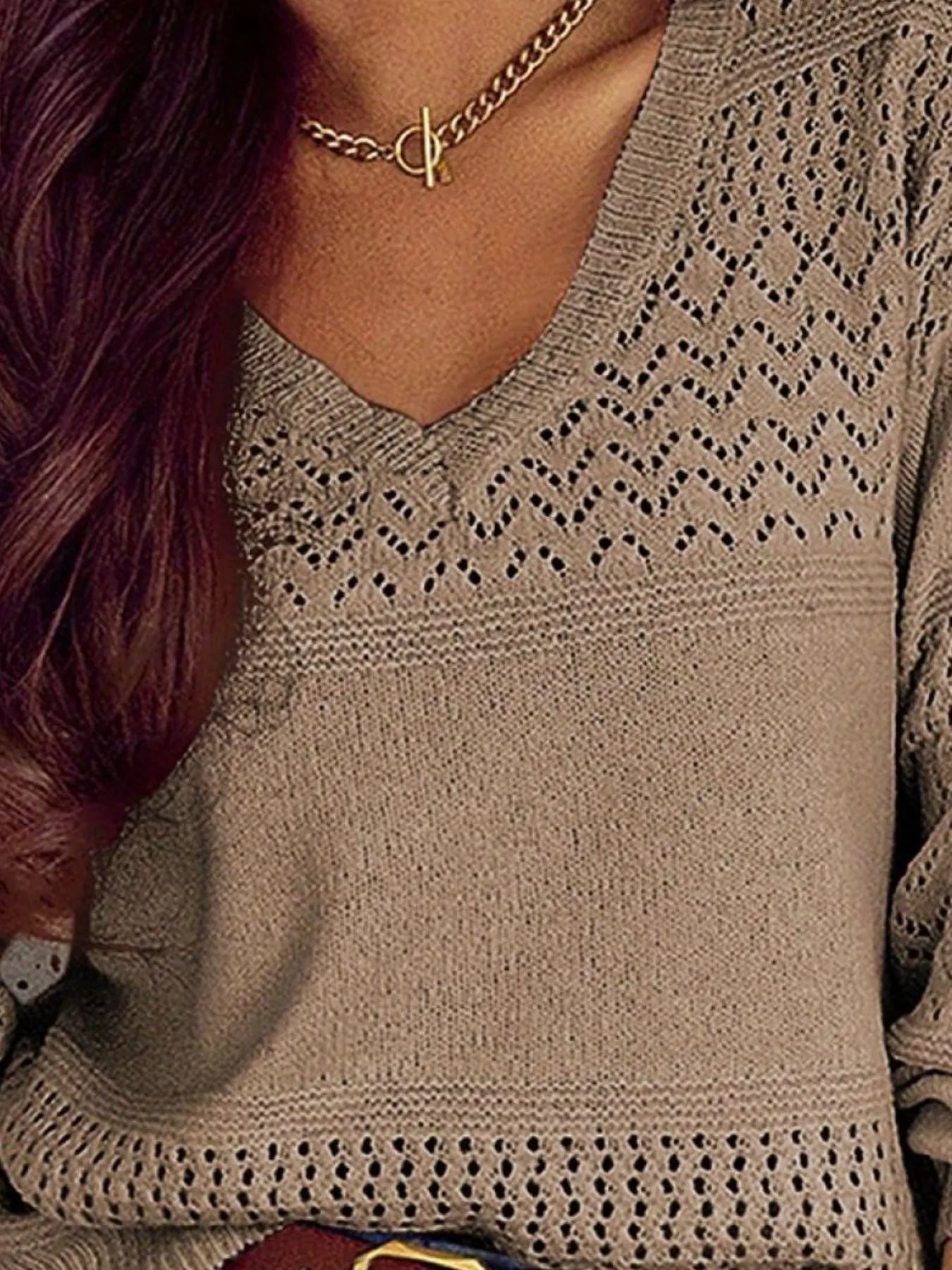 Trendsi Eyelet Deatil V-Neck Long Sleeve Sweater