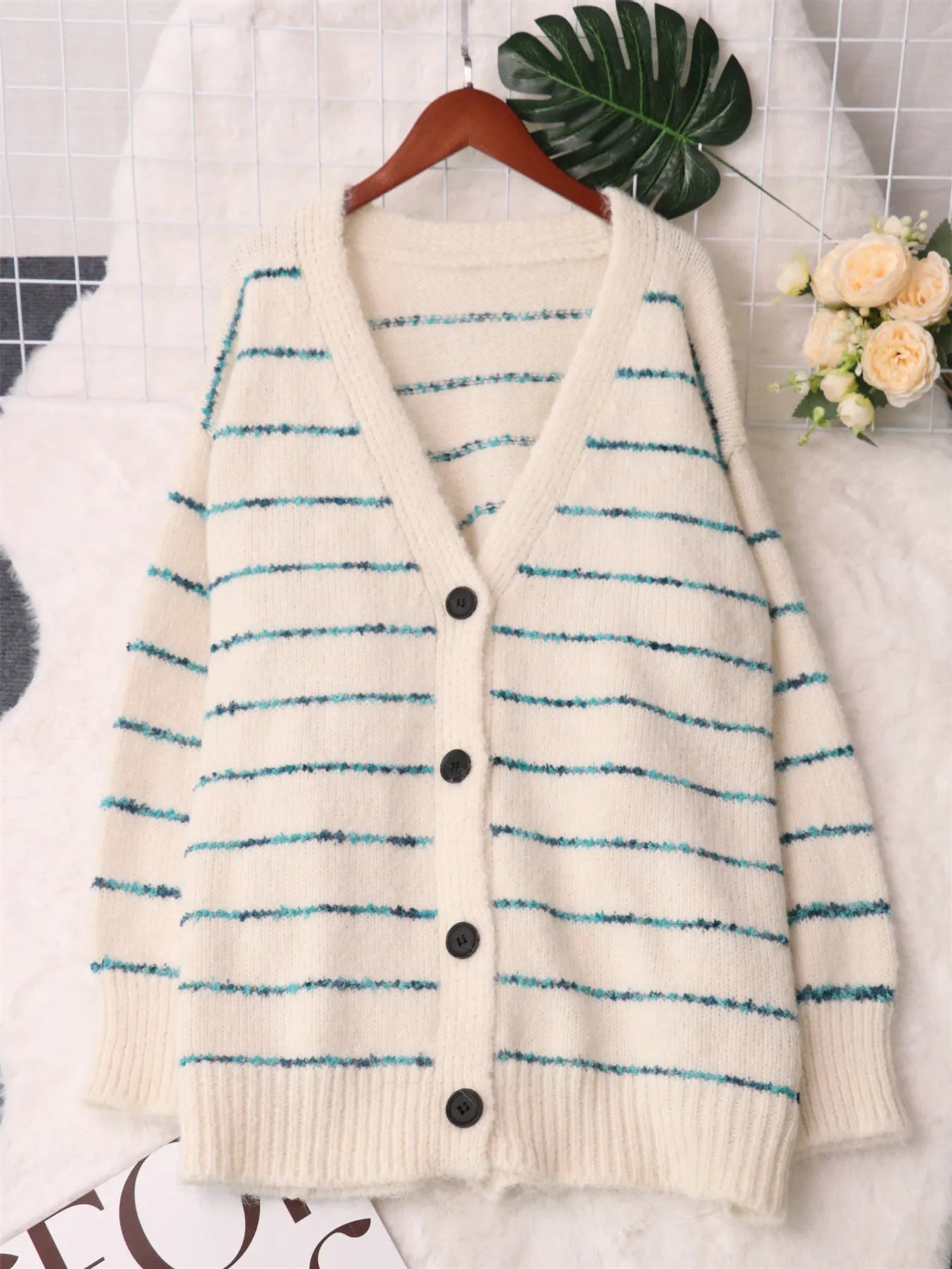 Striped Button-Up Cardigan with V-Neck Design Easy Apparels