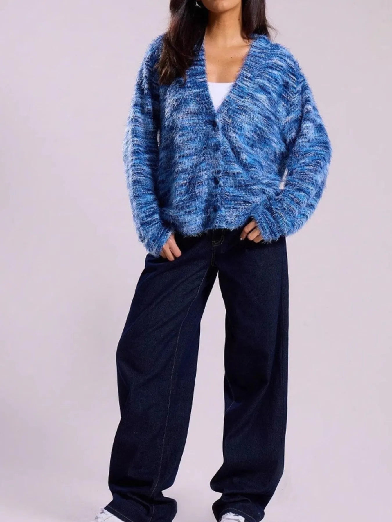 Fuzzy Button Down Chunky Cardigan Blue Easy Apparels