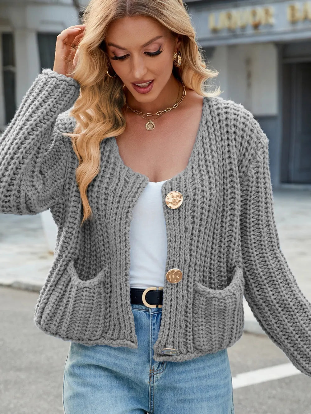 Round Neck Button Up Cardigan with Pockets Easy Apparels