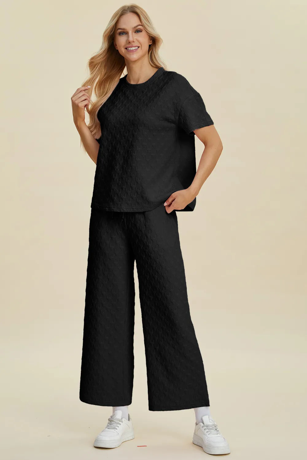 Double Take Full Size Texture Round Neck Short Sleeve Top and Pants Set Easy Apparels