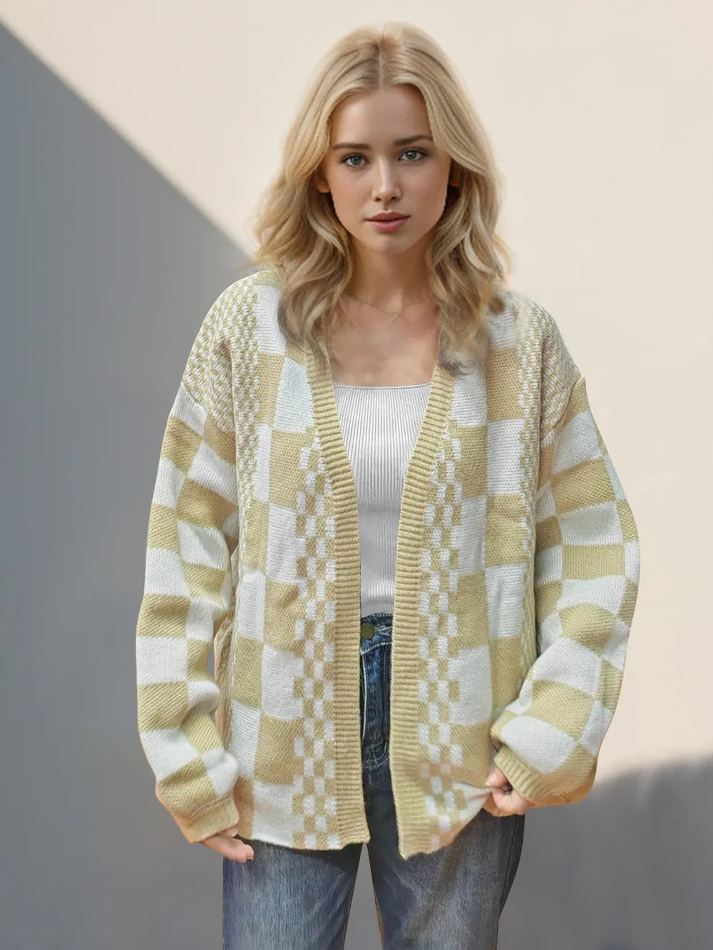 Double Take Checkered Open Front Dropped Shoulder Cardigan Tan Easy Apparels