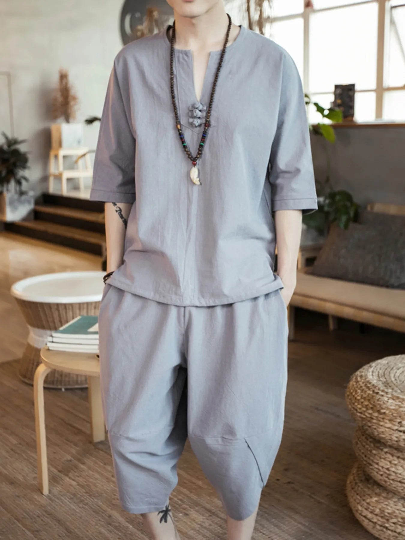 Men's Plus Size Notched Half Sleeve Top and Cropped Pants Set Light Gray Easy Apparels