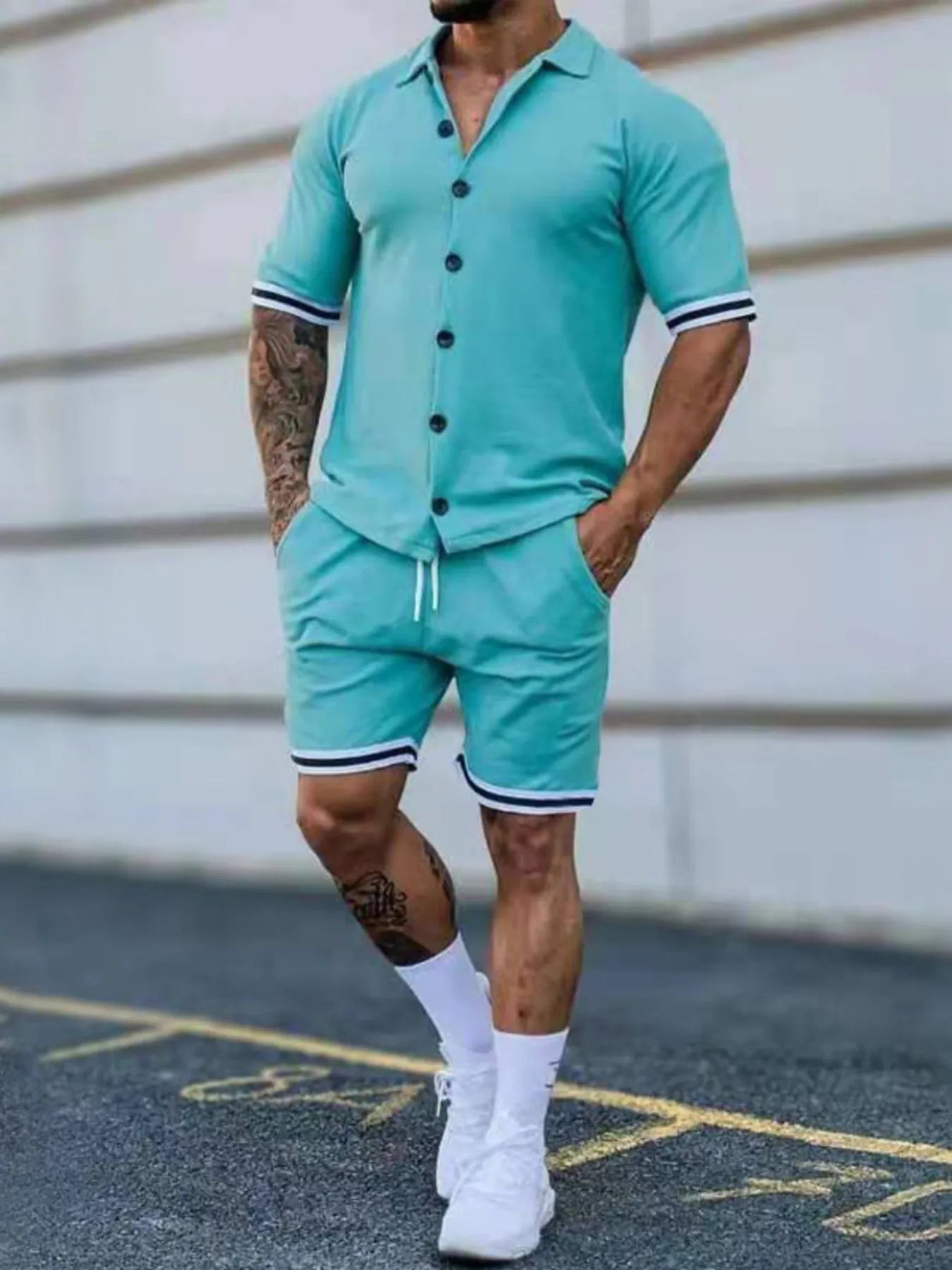 Men's Full Size Striped Hem Button Up Top and Shorts Set Plus Size Lake Blue Easy Apparels