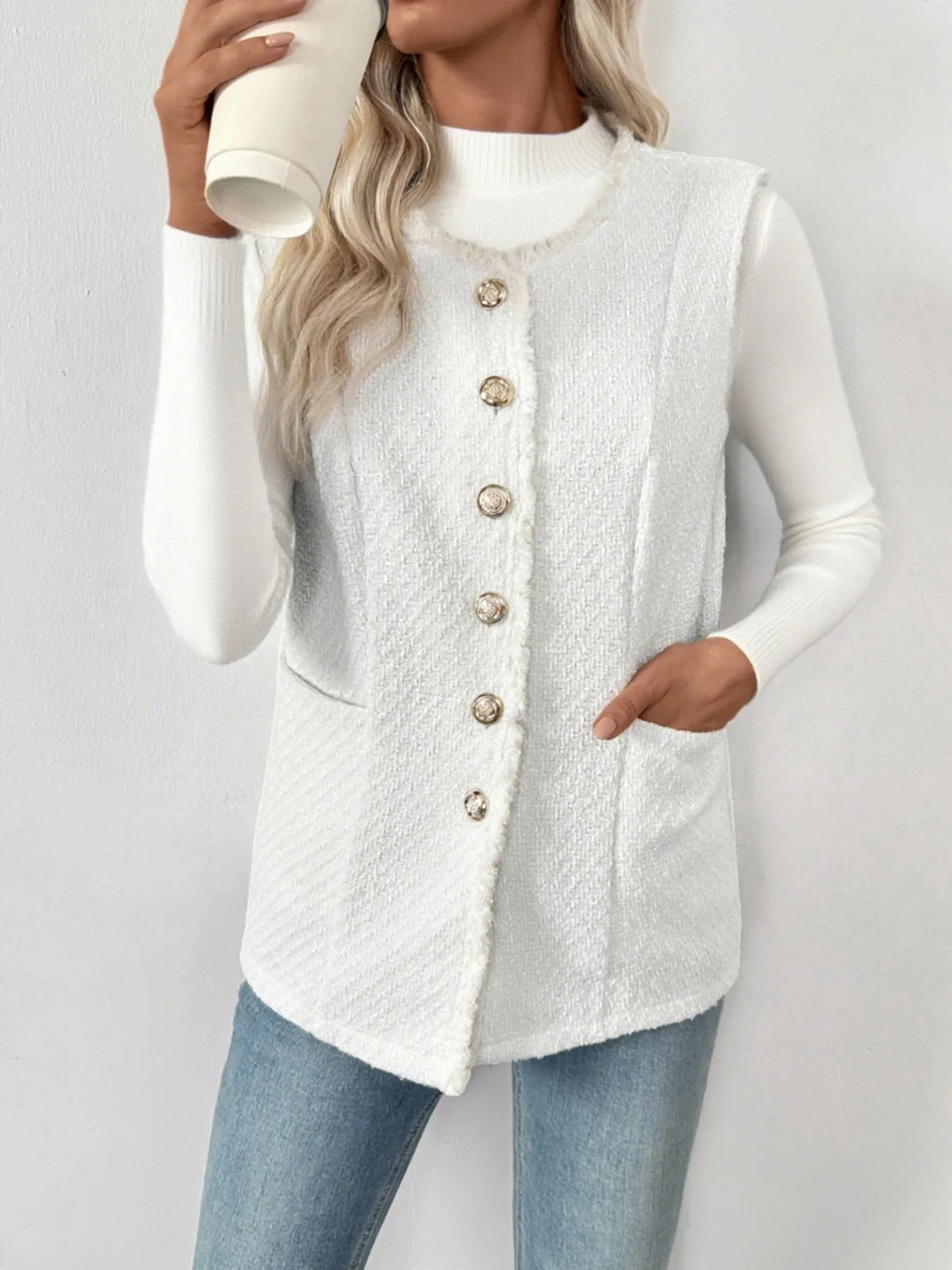 Textured Button-Front Vest with Raw Edge Easy Apparels
