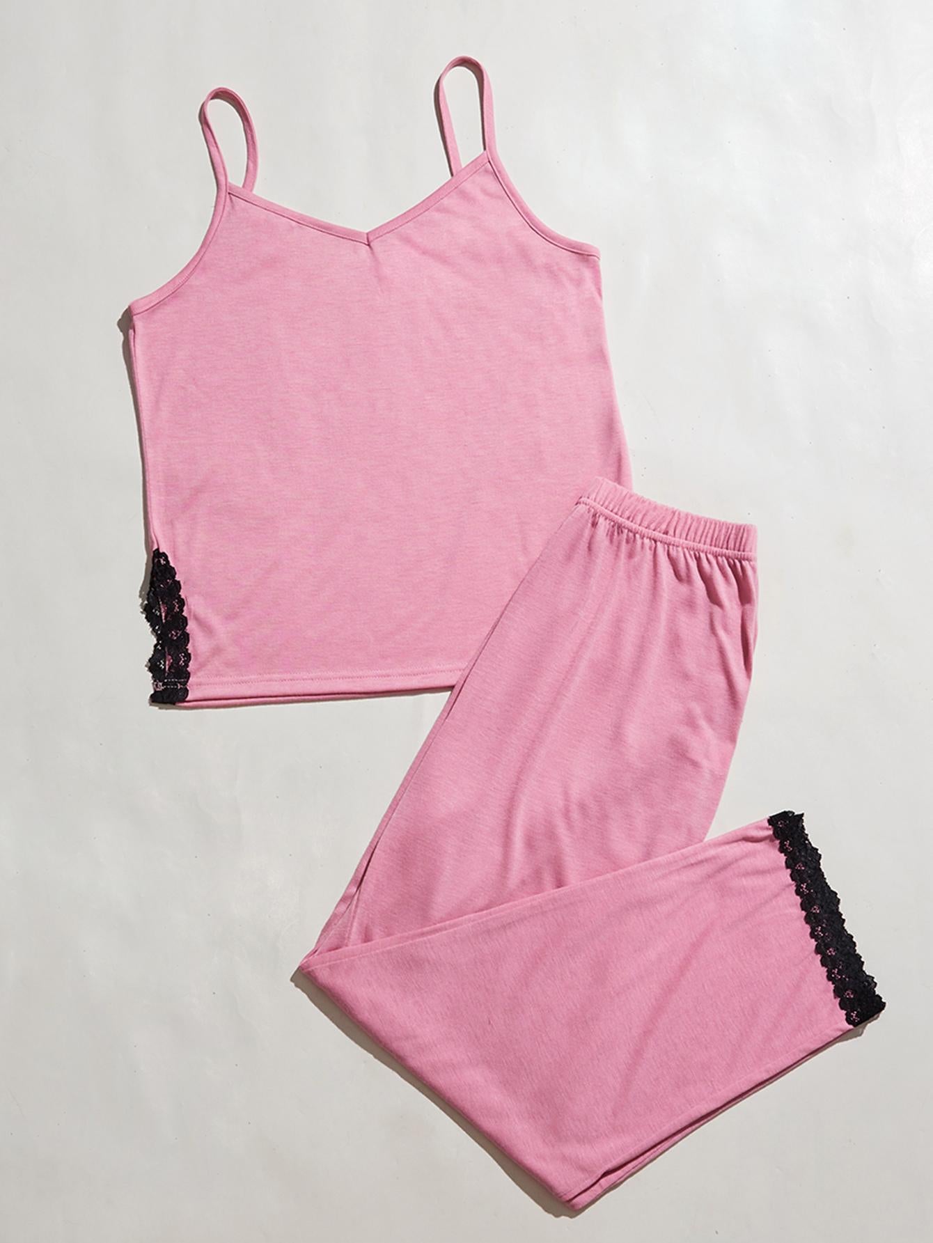 V-Neck Lace Trim Slit Cami and Pants Pajama Set Easy Apparels