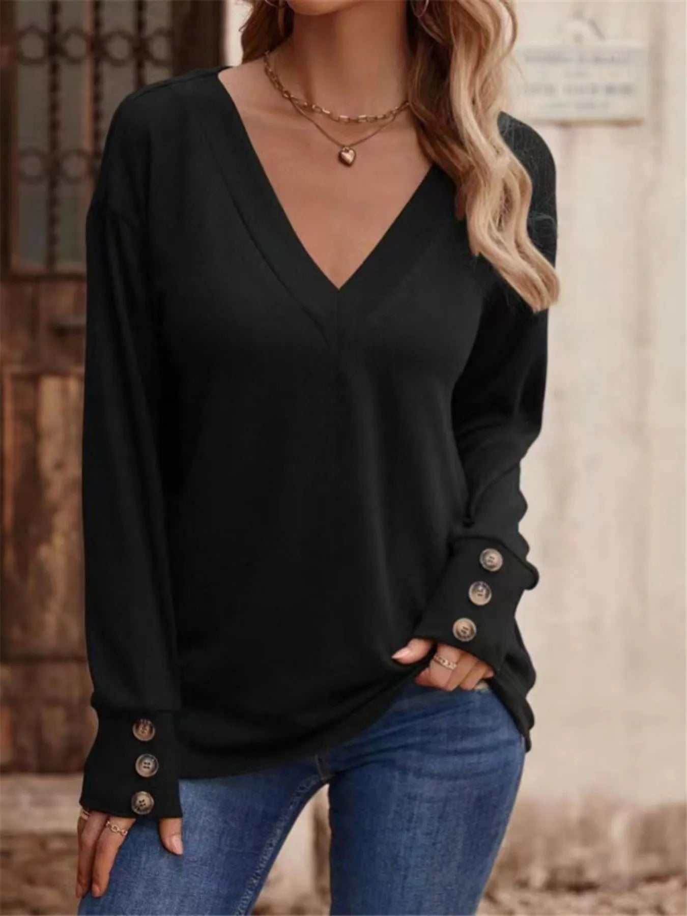 Trendsi V-Neck Long Sleeve T-Shirt Black