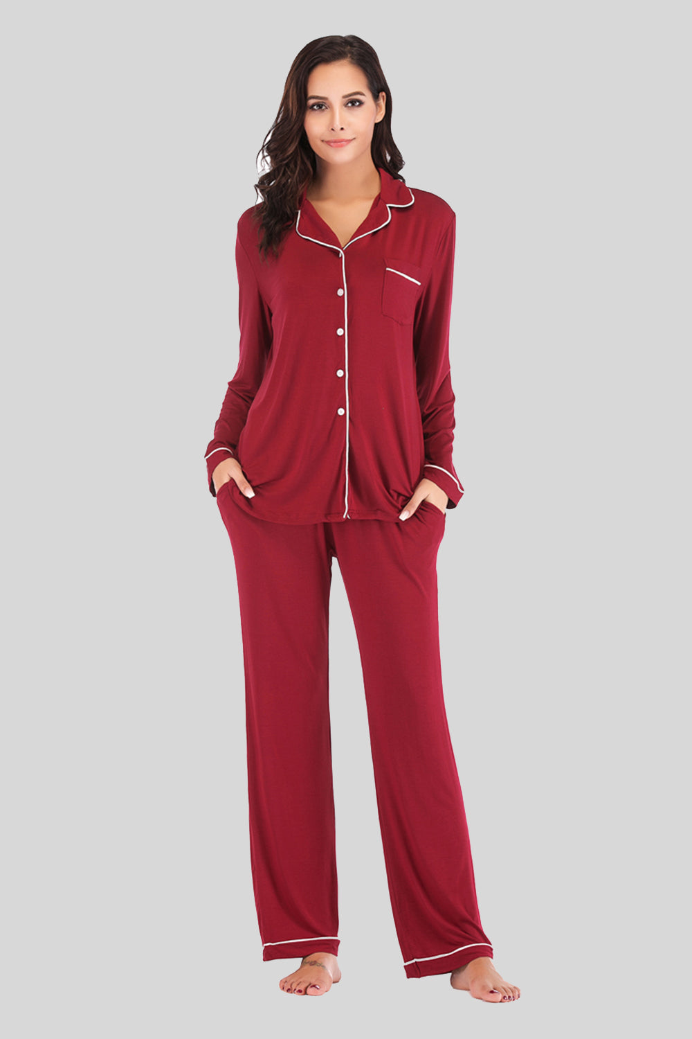 Collared Neck Long Sleeve Loungewear Set with Pockets Wine Easy Apparels