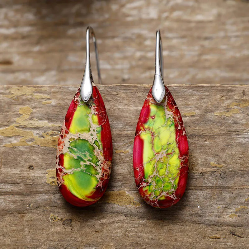 Teardrop Shape Natural Stone Dangle Earrings Red Green Silver One Size Easy Apparels