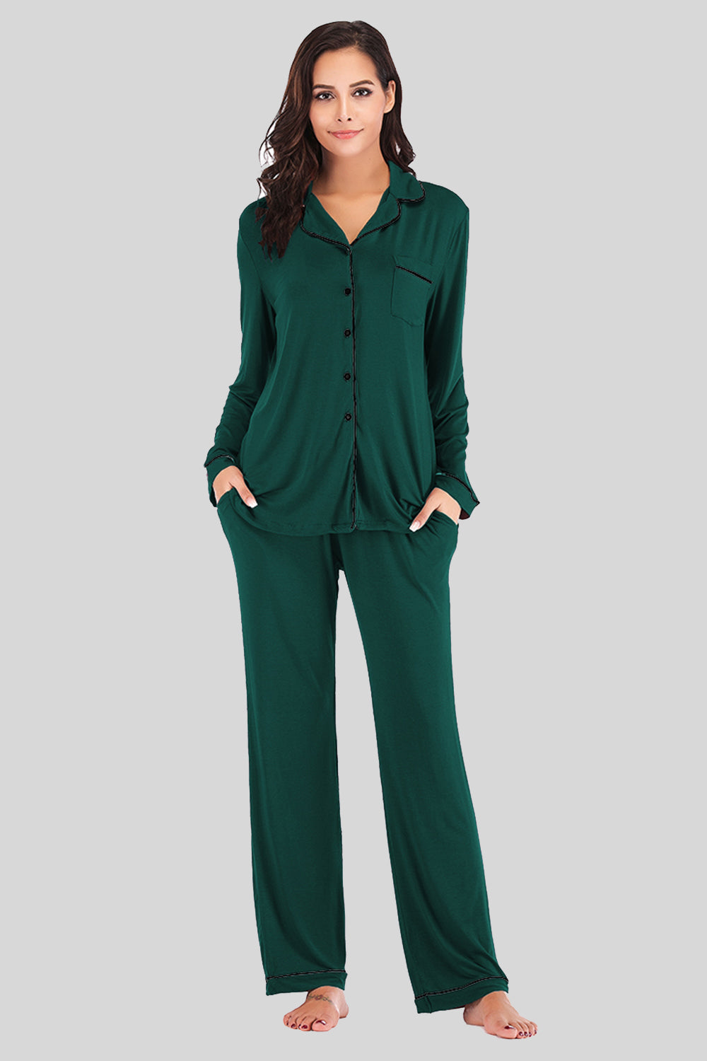 Collared Neck Long Sleeve Loungewear Set with Pockets Green Easy Apparels