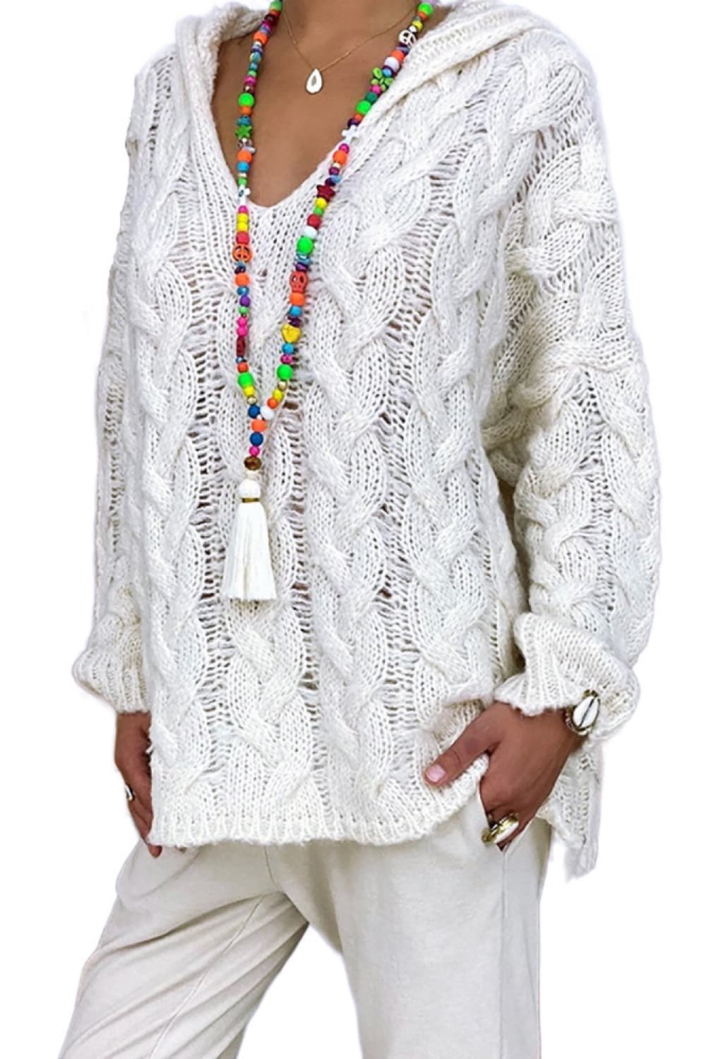 Cable-Knit Hooded Sweater White Easy Apparels