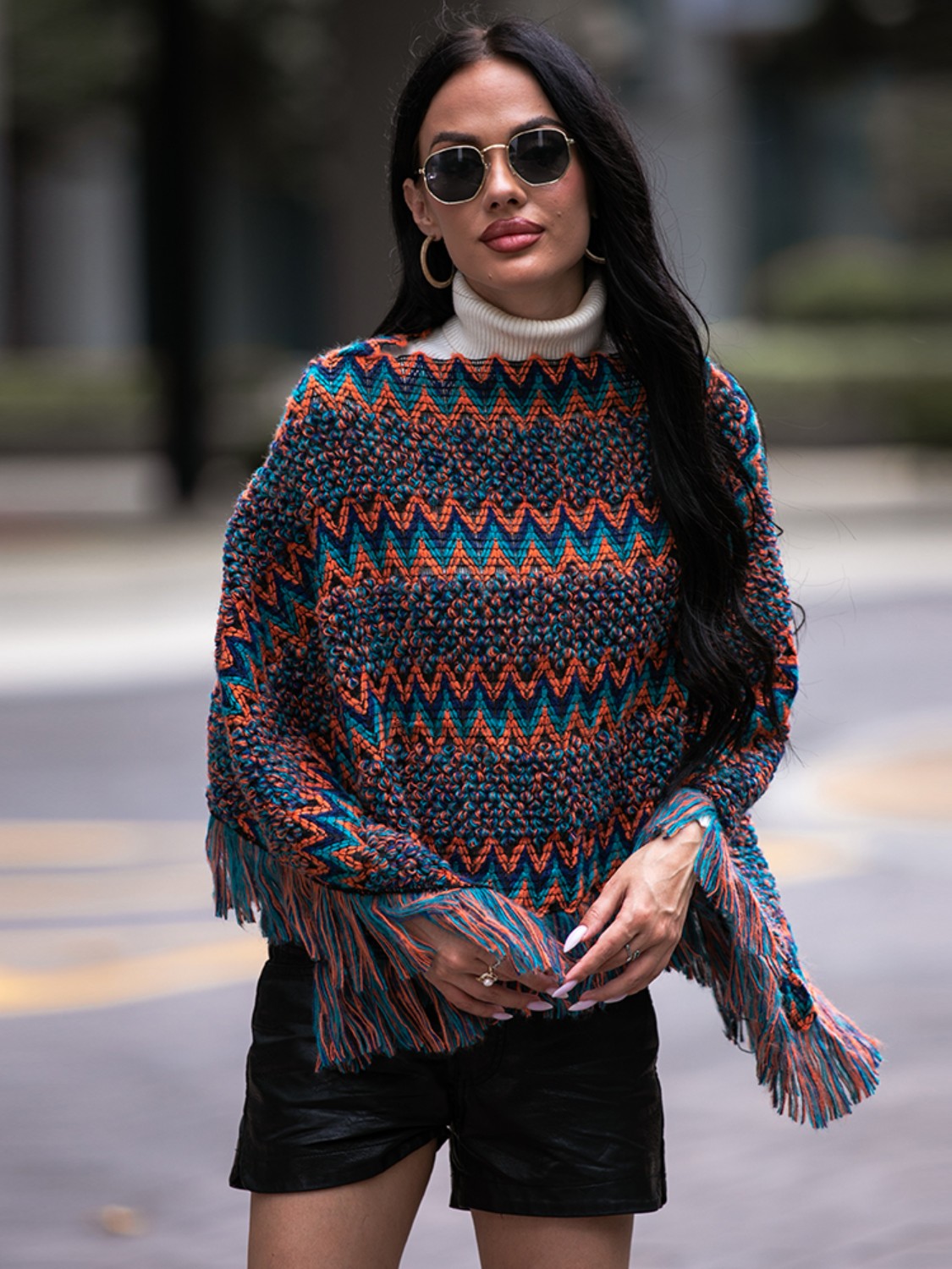 Shiny Fringe Hem Boat Neck Poncho Easy Apparels