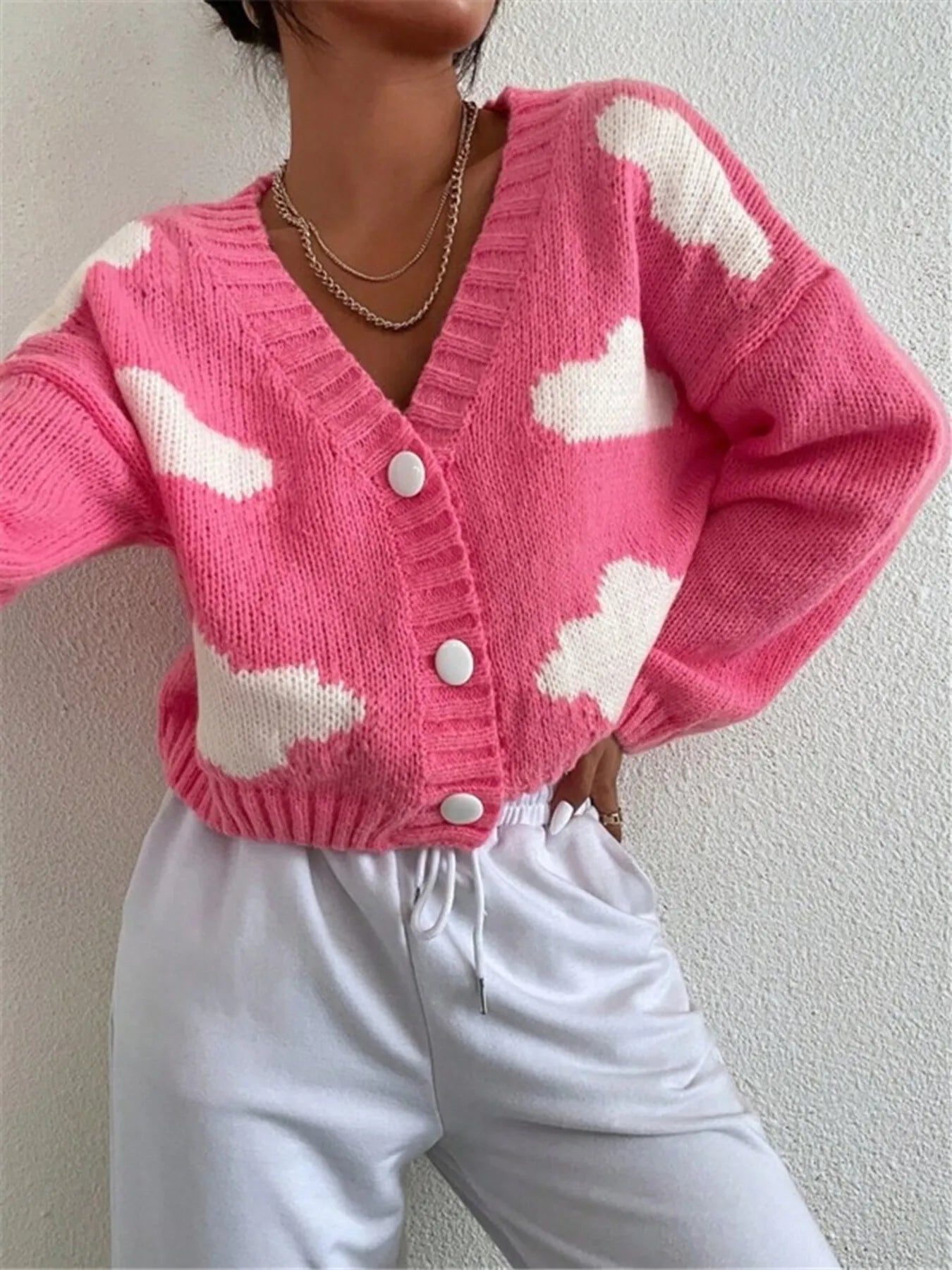 Contrast Cloud Pattern Cropped Button-Up Cardigan Easy Apparels