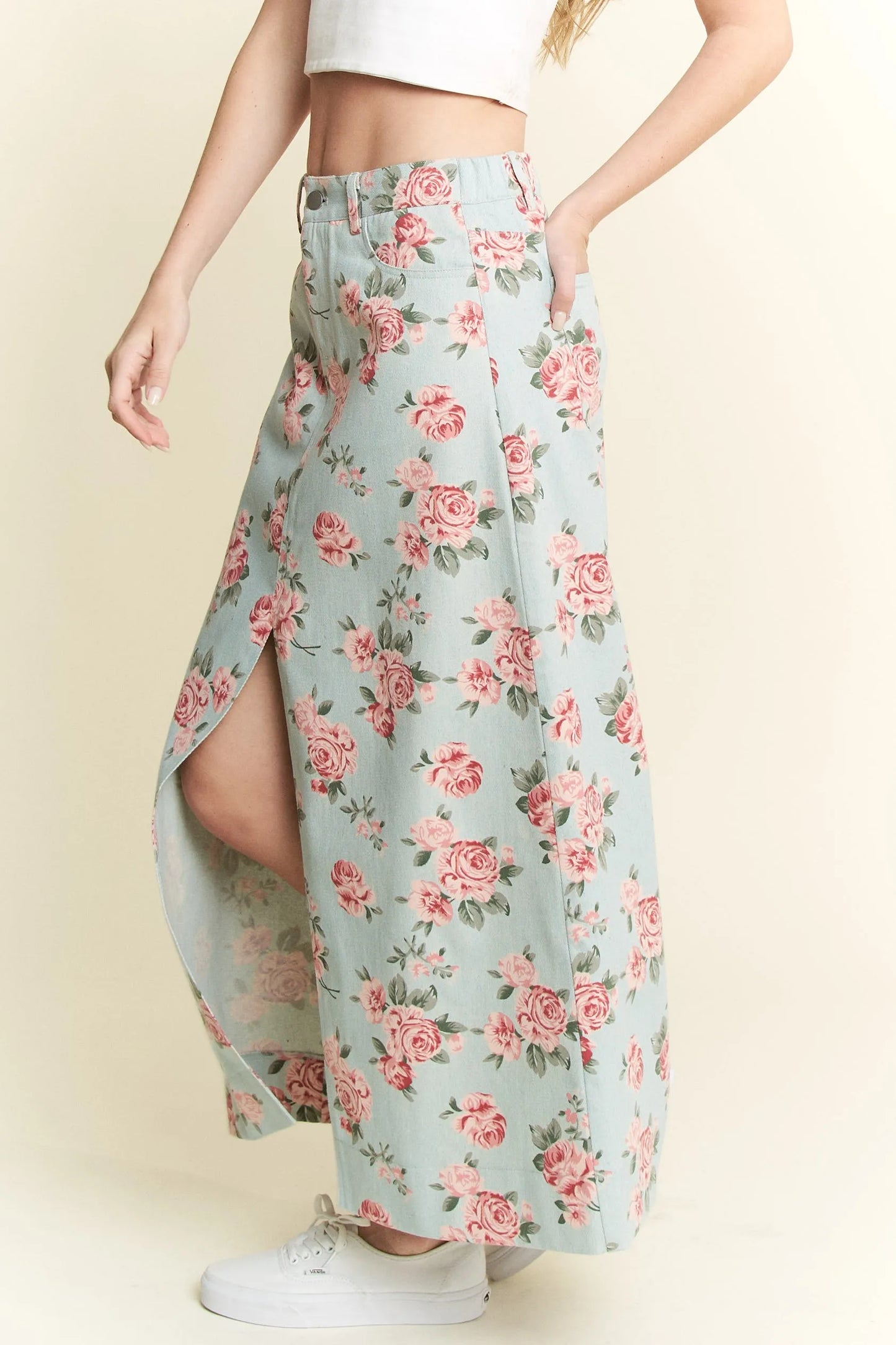Jade By Jane Full Size Floral Print Front Slit Denim Maxi Skirt Plus Size Easy Apparels