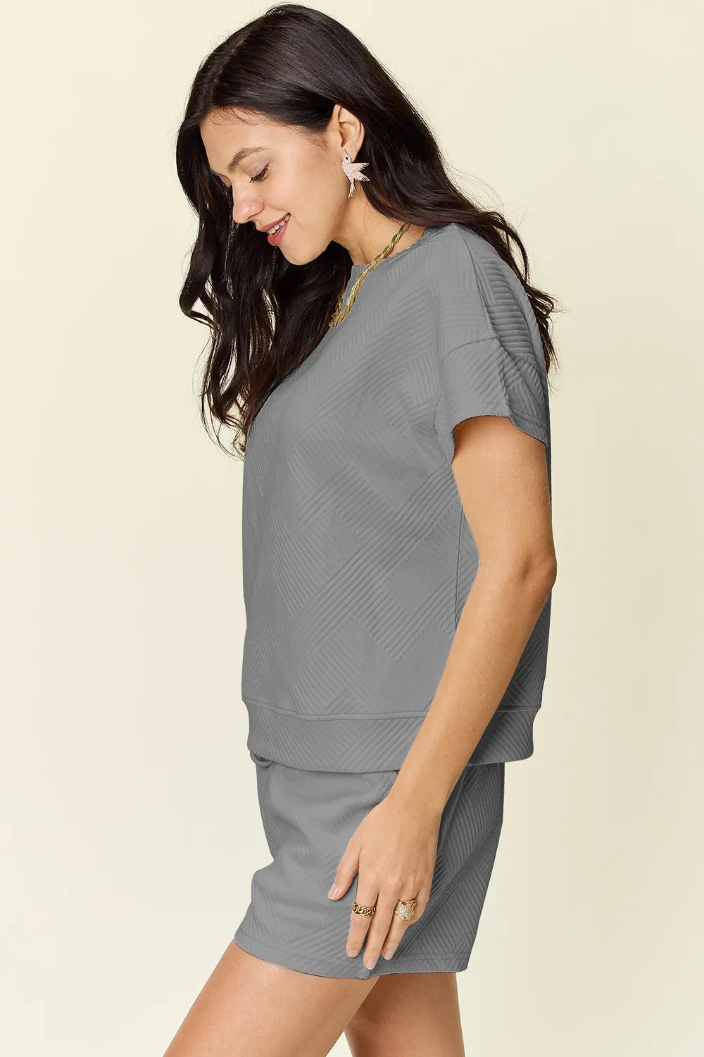 Double Take Full Size Texture Short Sleeve T-Shirt and Drawstring Shorts Set Easy Apparels