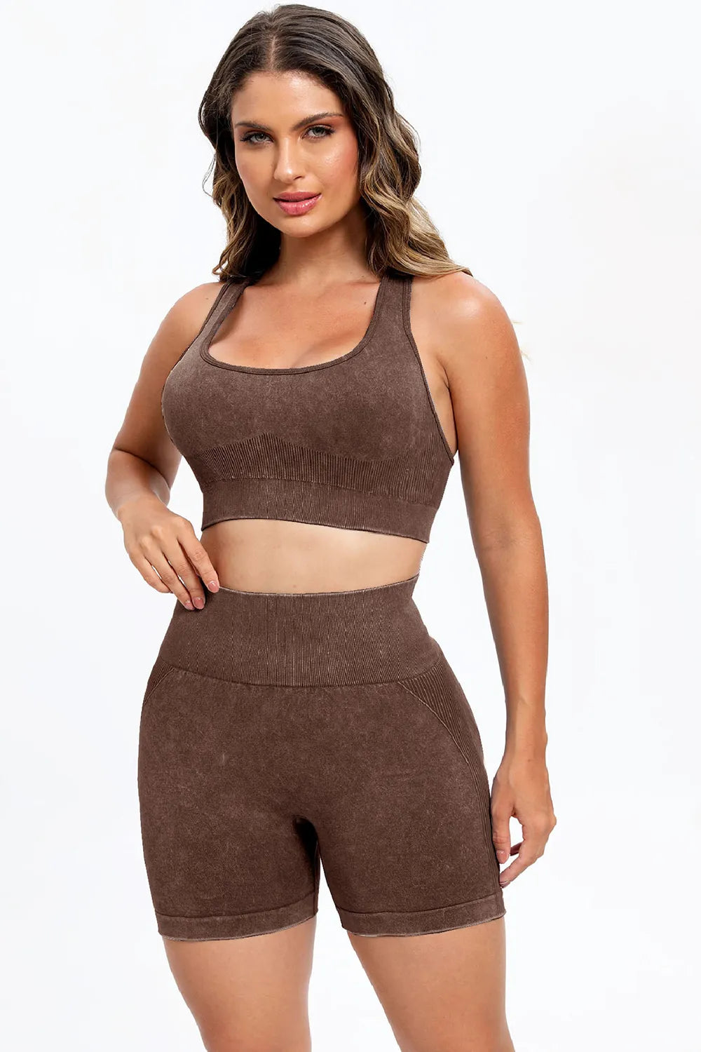 3 Piece Washed Square Neck Wide Strap Active Set Easy Apparels