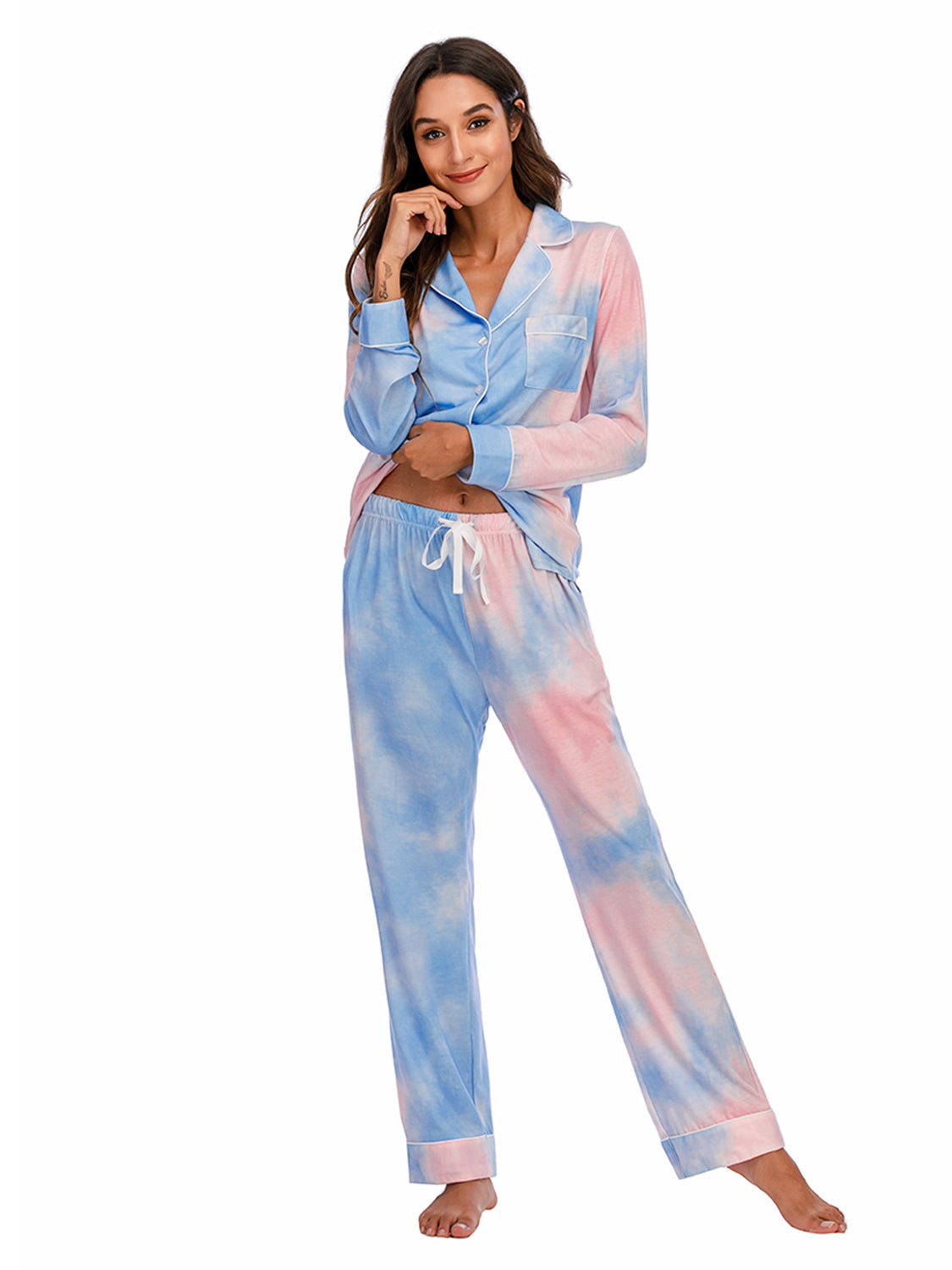 Collared Neck Long Sleeve Loungewear Set with Pockets Easy Apparels