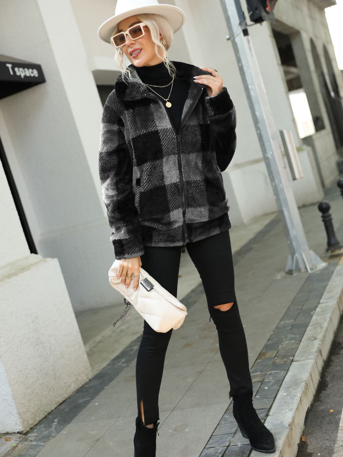 Plaid Zip-Up Collared Jacket Easy Apparels