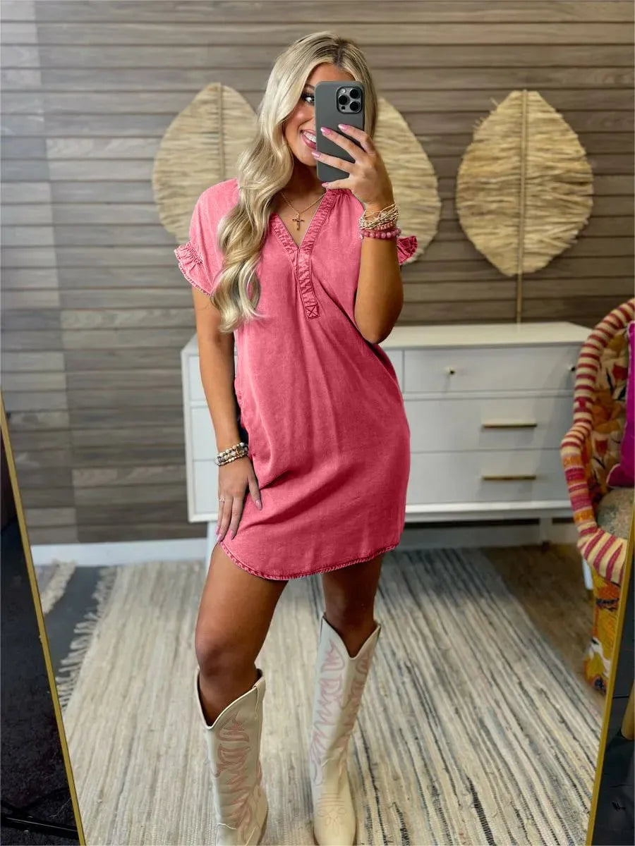 Full Size V-Neck Short Sleeve Denim Dress Plus Size Red Easy Apparels