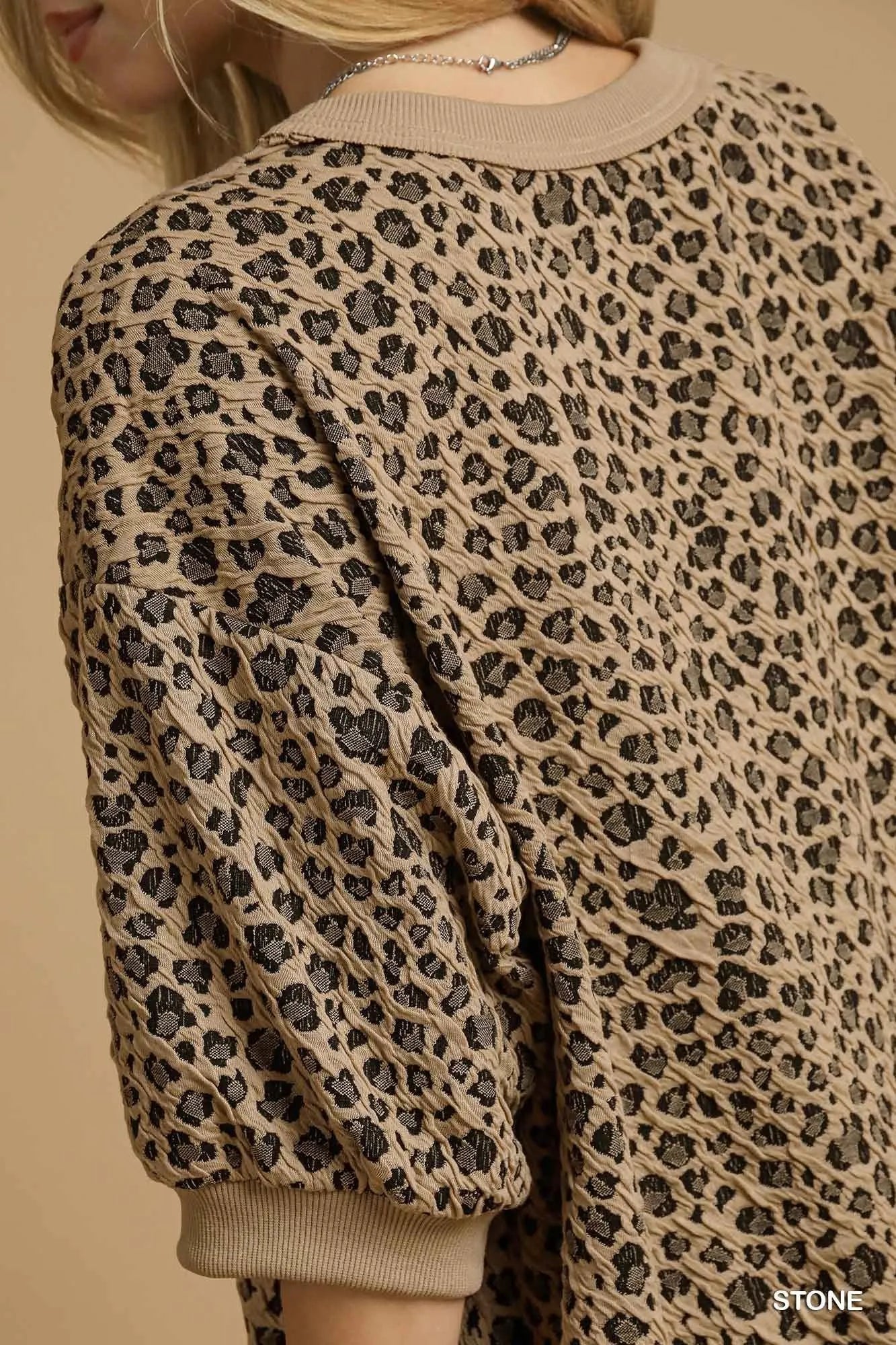 Trendsi Umgee Leopard Knit Jacquard Puff Sleeve Sweatshirt