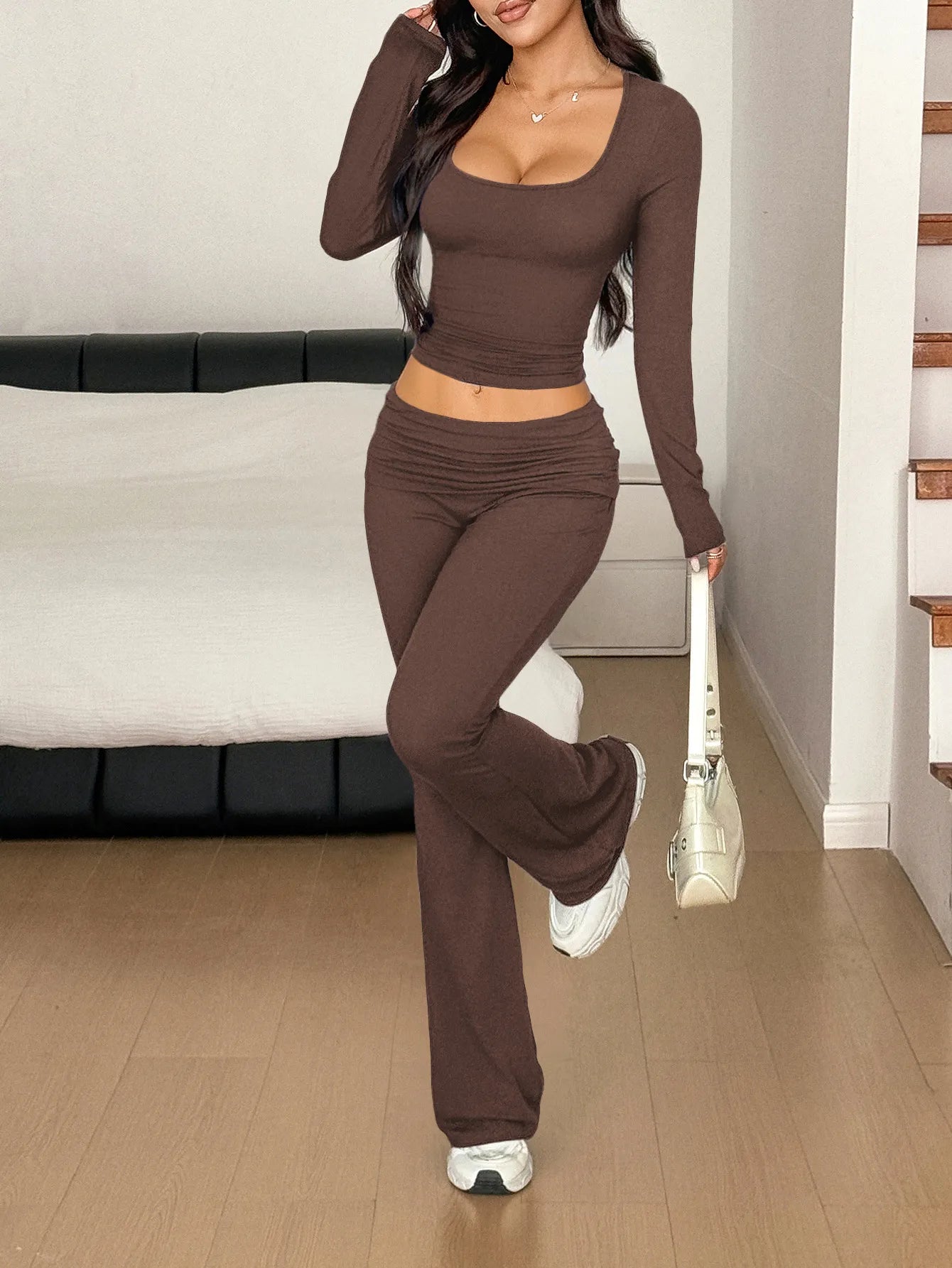 Long Sleeve Crop Top and Bootcut Pants Set Dark Brown Easy Apparels