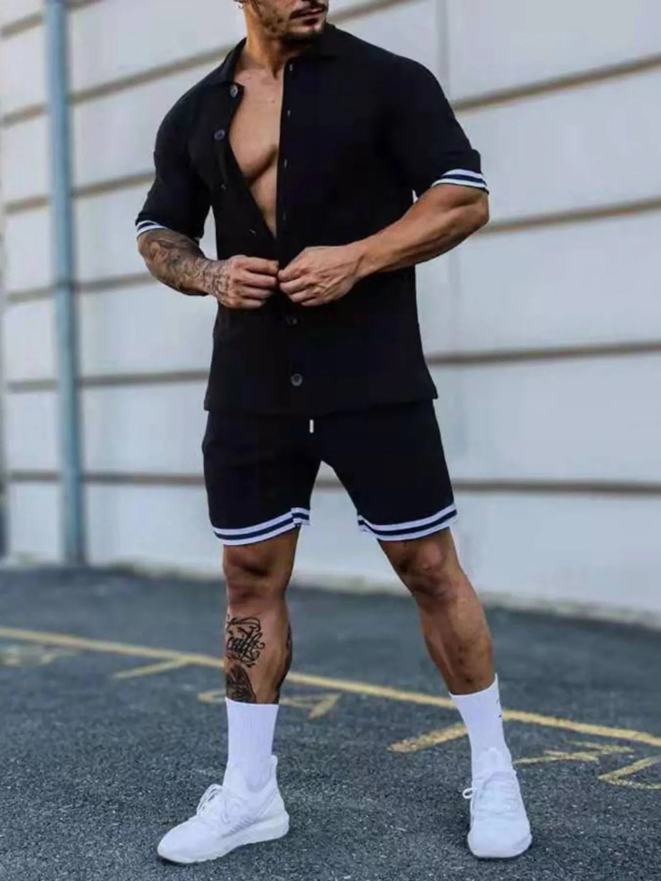 Men's Full Size Striped Hem Button Up Top and Shorts Set Plus Size Black Easy Apparels