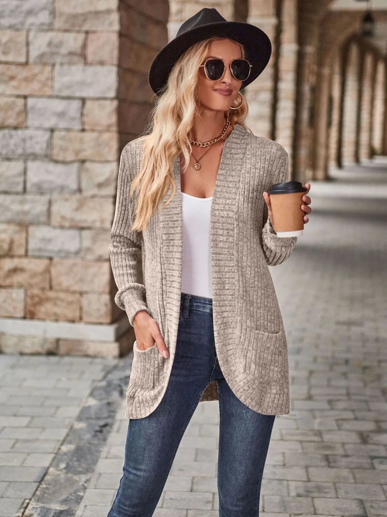 Ribbed Open Front Long Cardigan with Pockets Easy Apparels