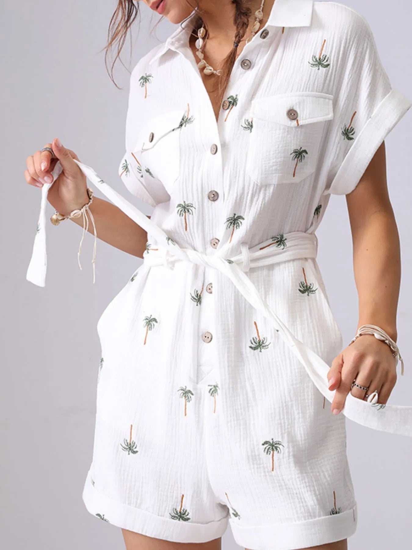 Palm Tree Print Short Sleeve Button-Up Romper with Belt Easy Apparels