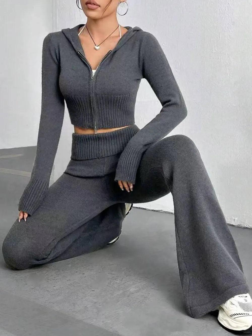 Zip Up Hooded Top and Flare Pants Sweater Set Easy Apparels