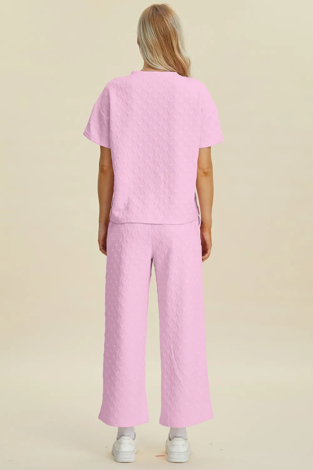 Double Take Full Size Texture Round Neck Short Sleeve Top and Pants Set Easy Apparels