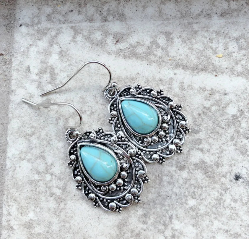 Artificial Turquoise Alloy Teardrop Dangle Earrings Easy Apparels