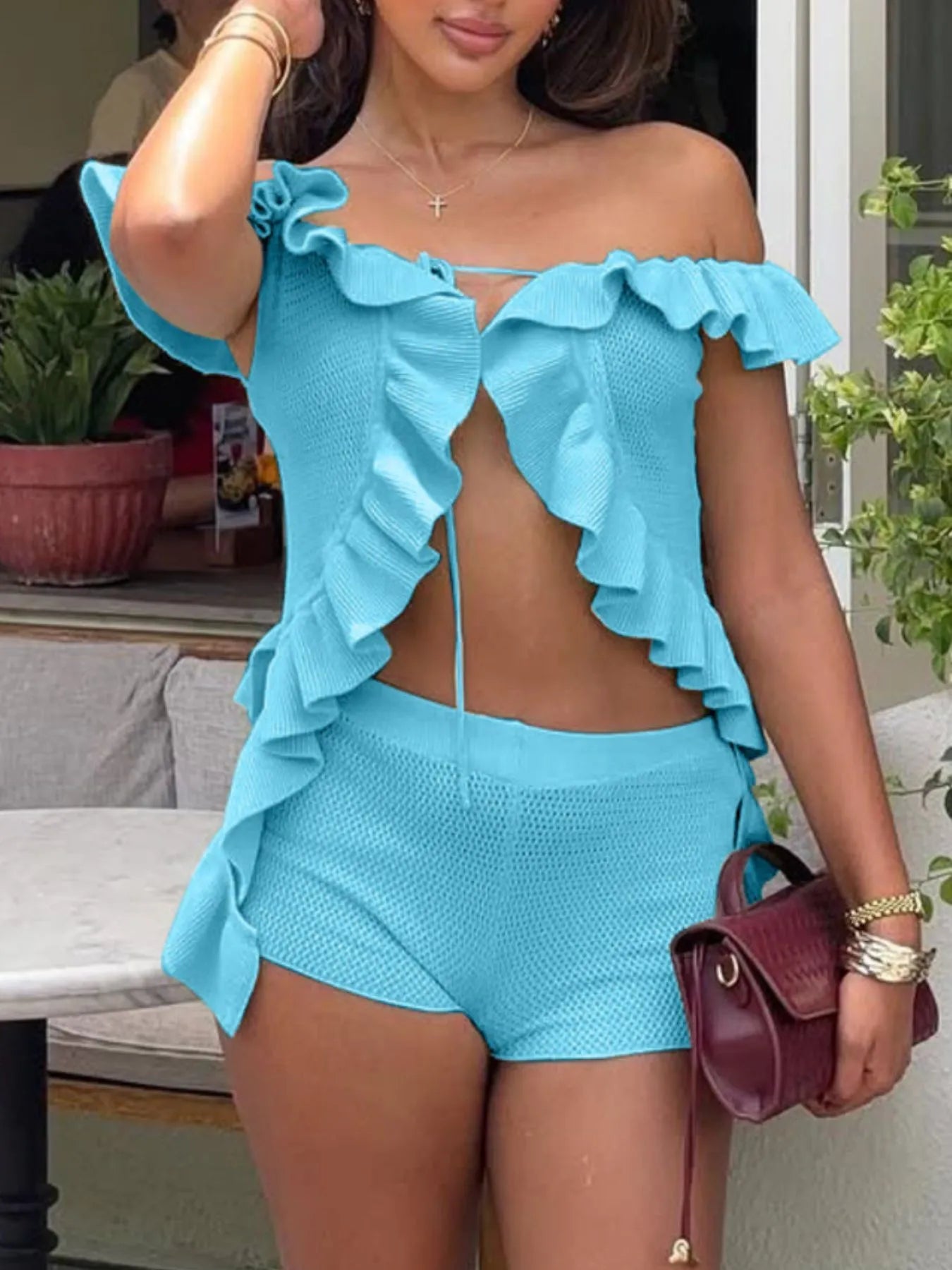 Off-Shoulder Ruffle Top and Shorts Sweater Set Easy Apparels