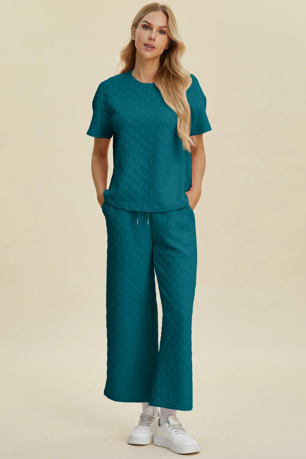 Double Take Full Size Texture Round Neck Short Sleeve Top and Pants Set Cerulean Easy Apparels