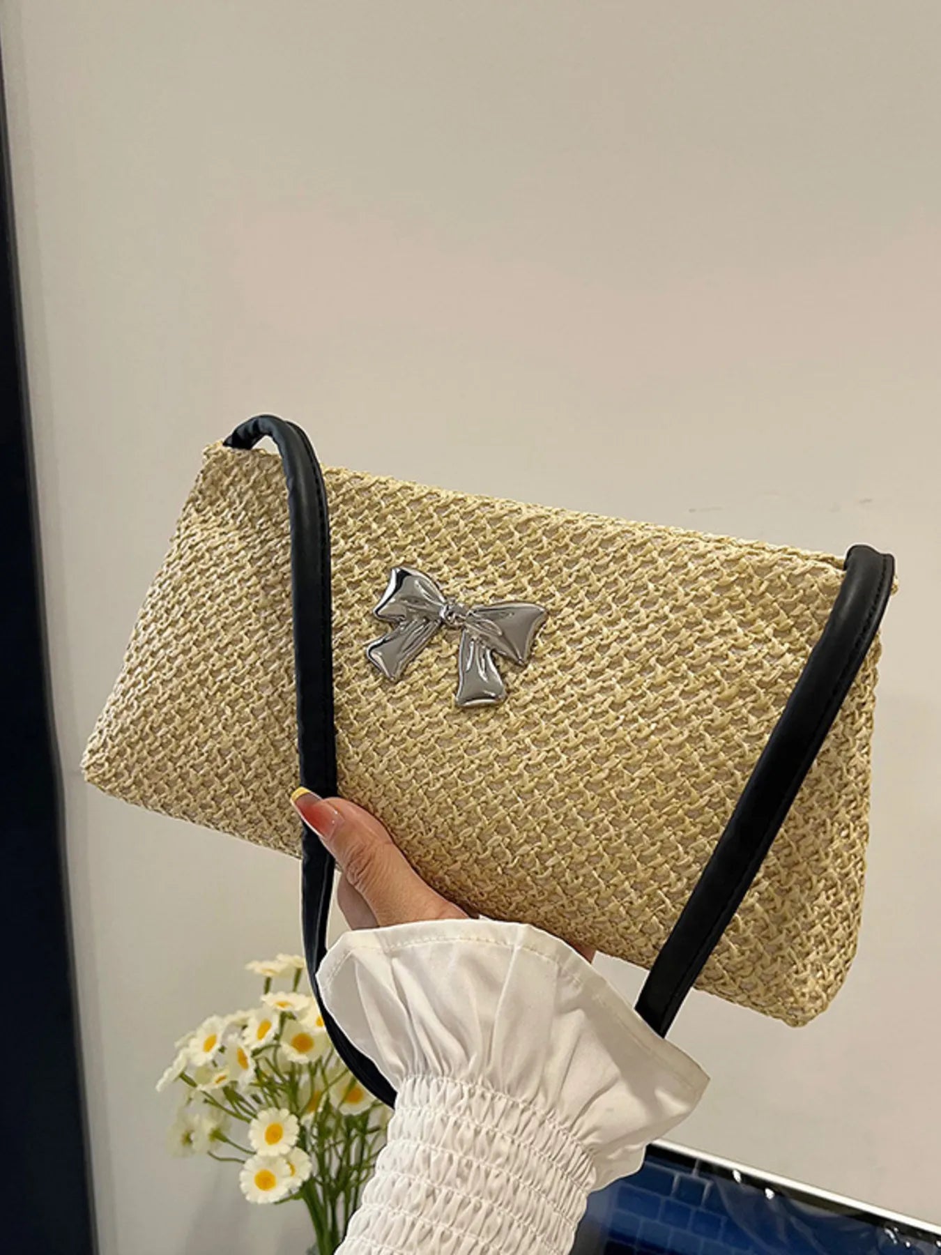 Woven Straw Shoulder Bag with Bow Detail Black One Size Easy Apparels