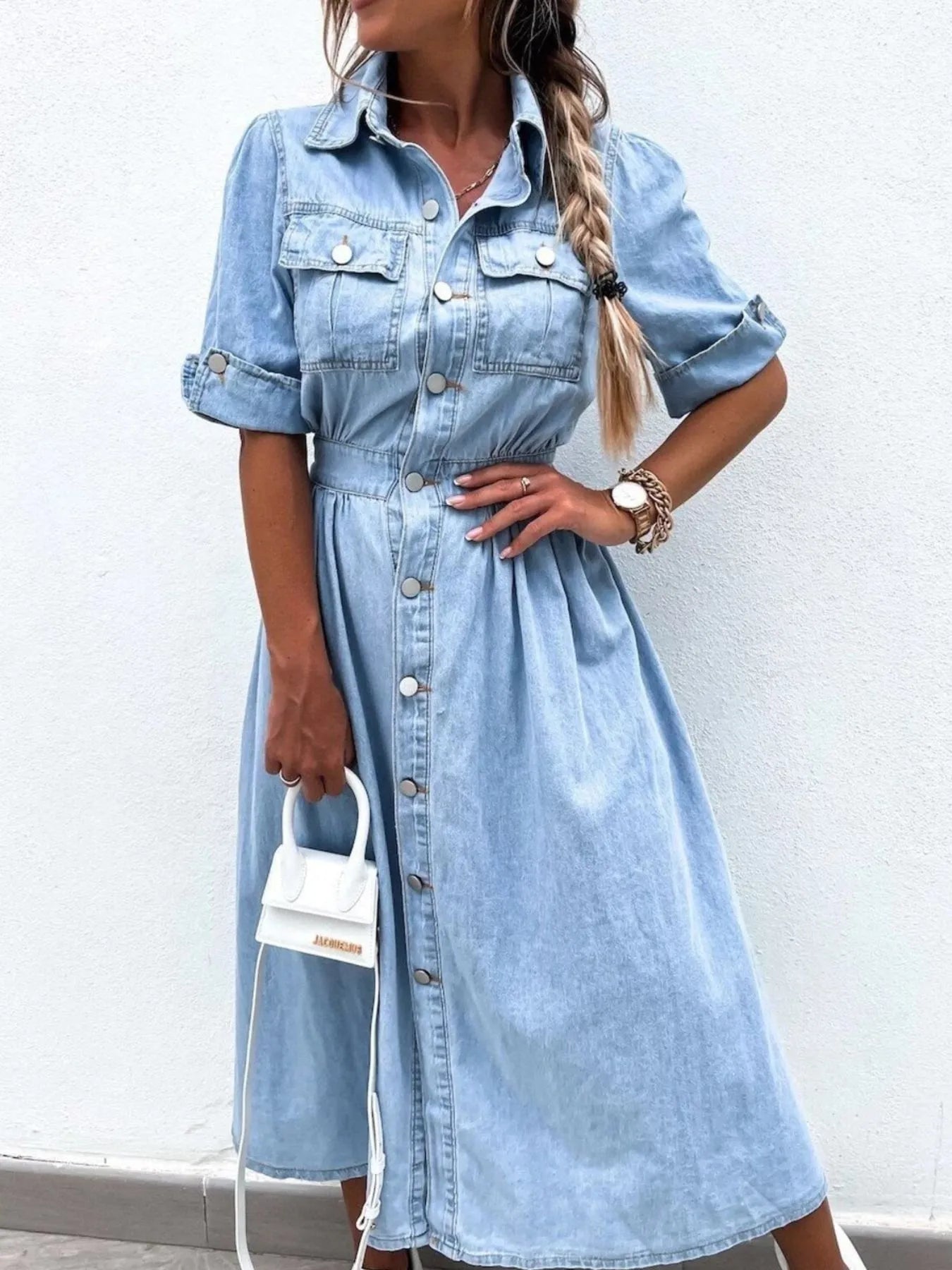 Full Size Button Down Roll-Up Sleeve Denim Shirt Dress Plus Size Easy Apparels