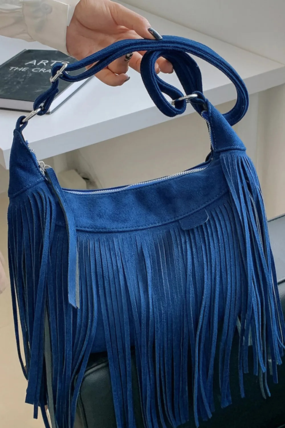 Suede Fringe Adjustable Strap Shoulder Bag Navy One Size Easy Apparels