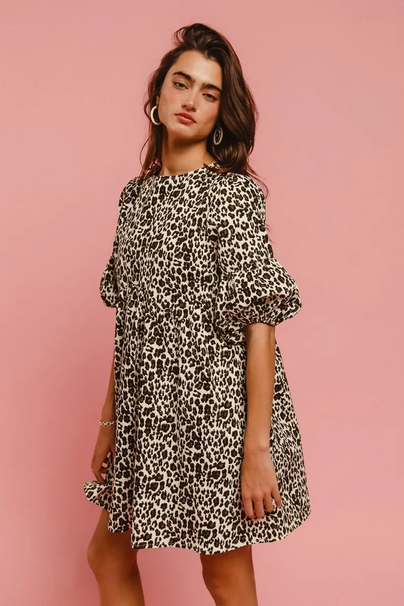 BiBi Leopard Denim Dress With Back Contrast Tie Detail Easy Apparels