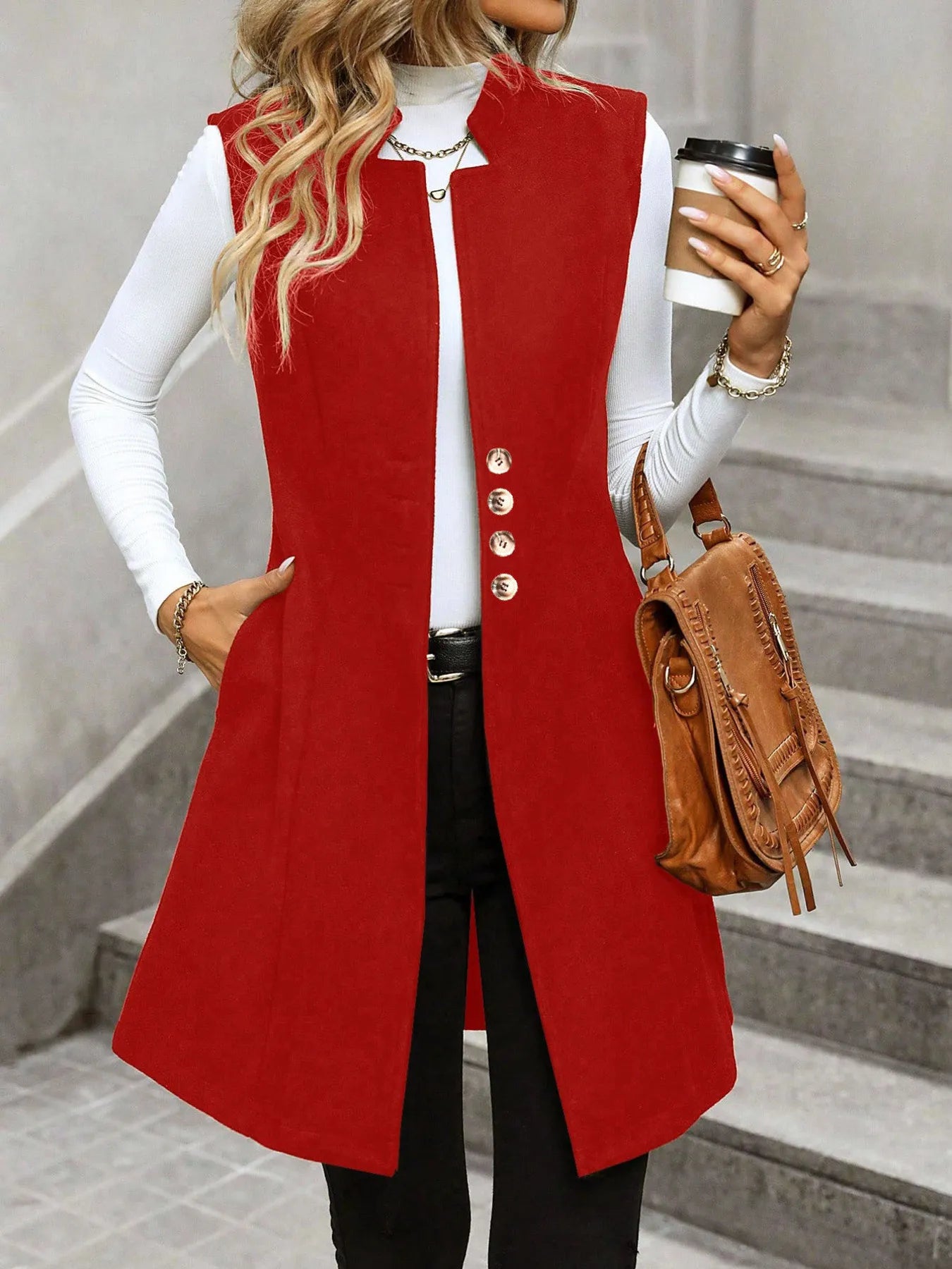 Button Up Longline Vest Coat Red Easy Apparels