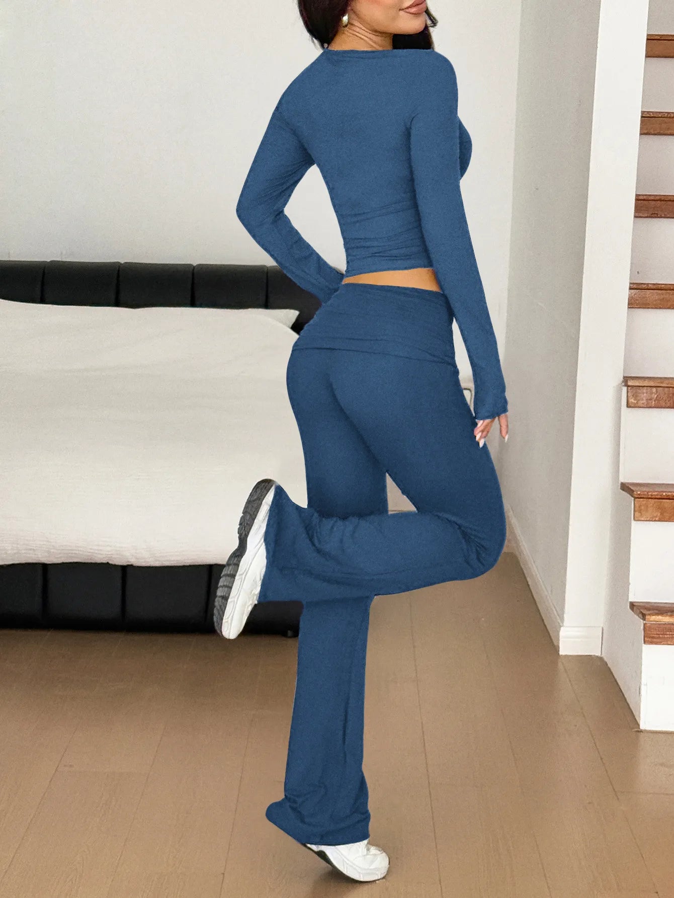 Long Sleeve Crop Top and Bootcut Pants Set Easy Apparels