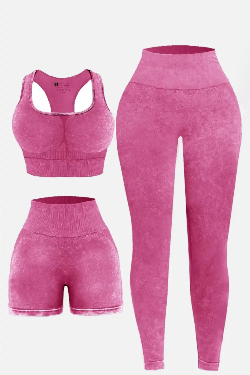 3 Piece Washed Square Neck Wide Strap Active Set Deep Rose Easy Apparels