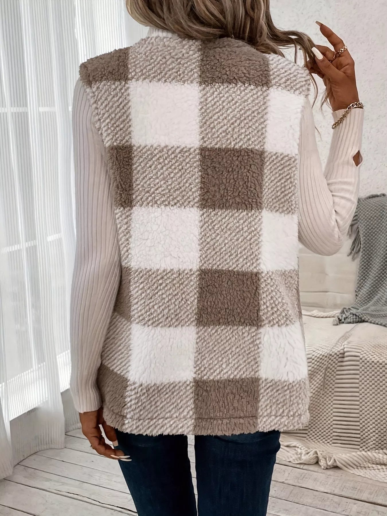 Plaid Sherpa Vest Coat with Pockets Easy Apparels