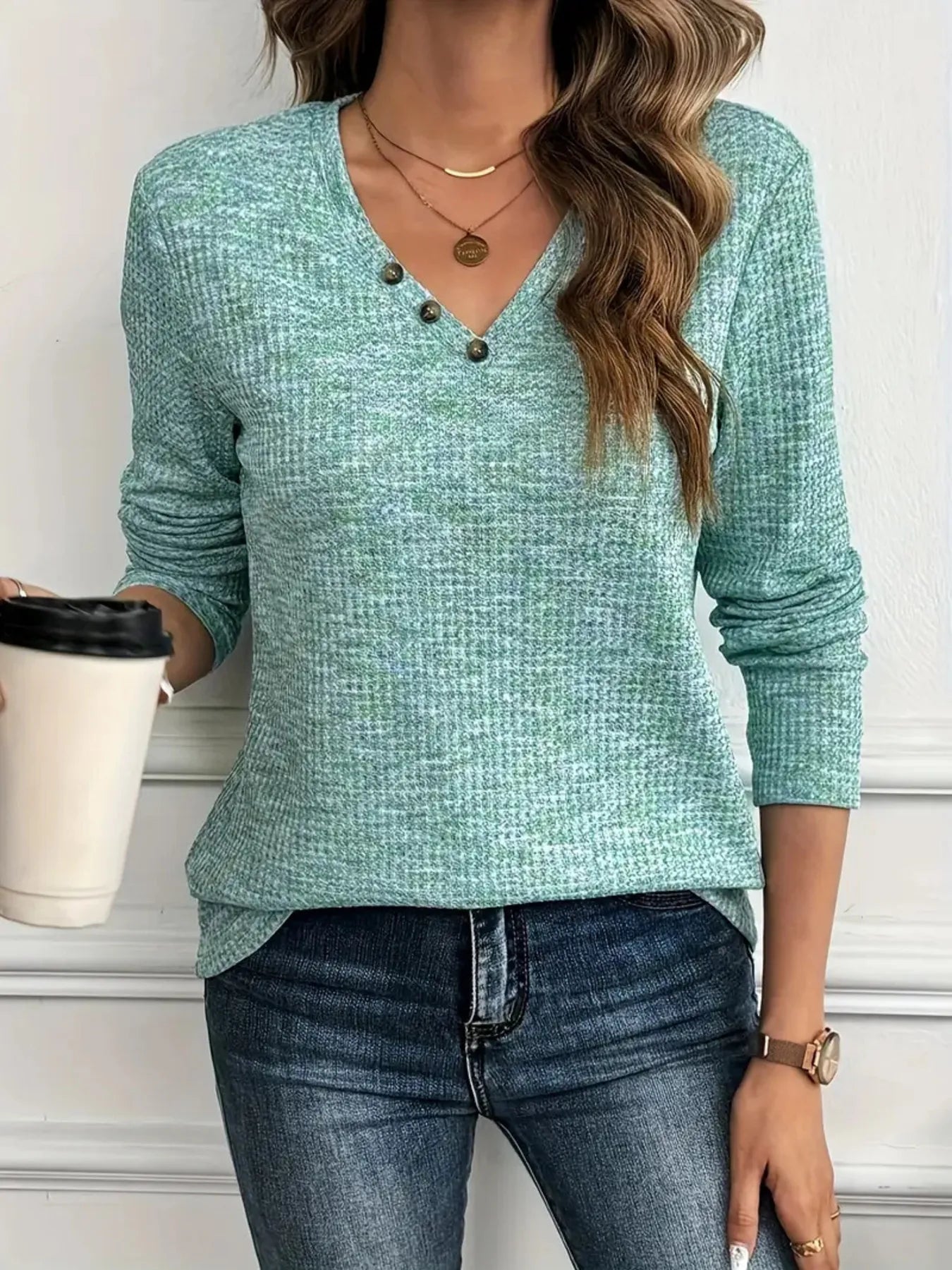 Trendsi Heathered V-Neck Long Sleeve T-Shirt