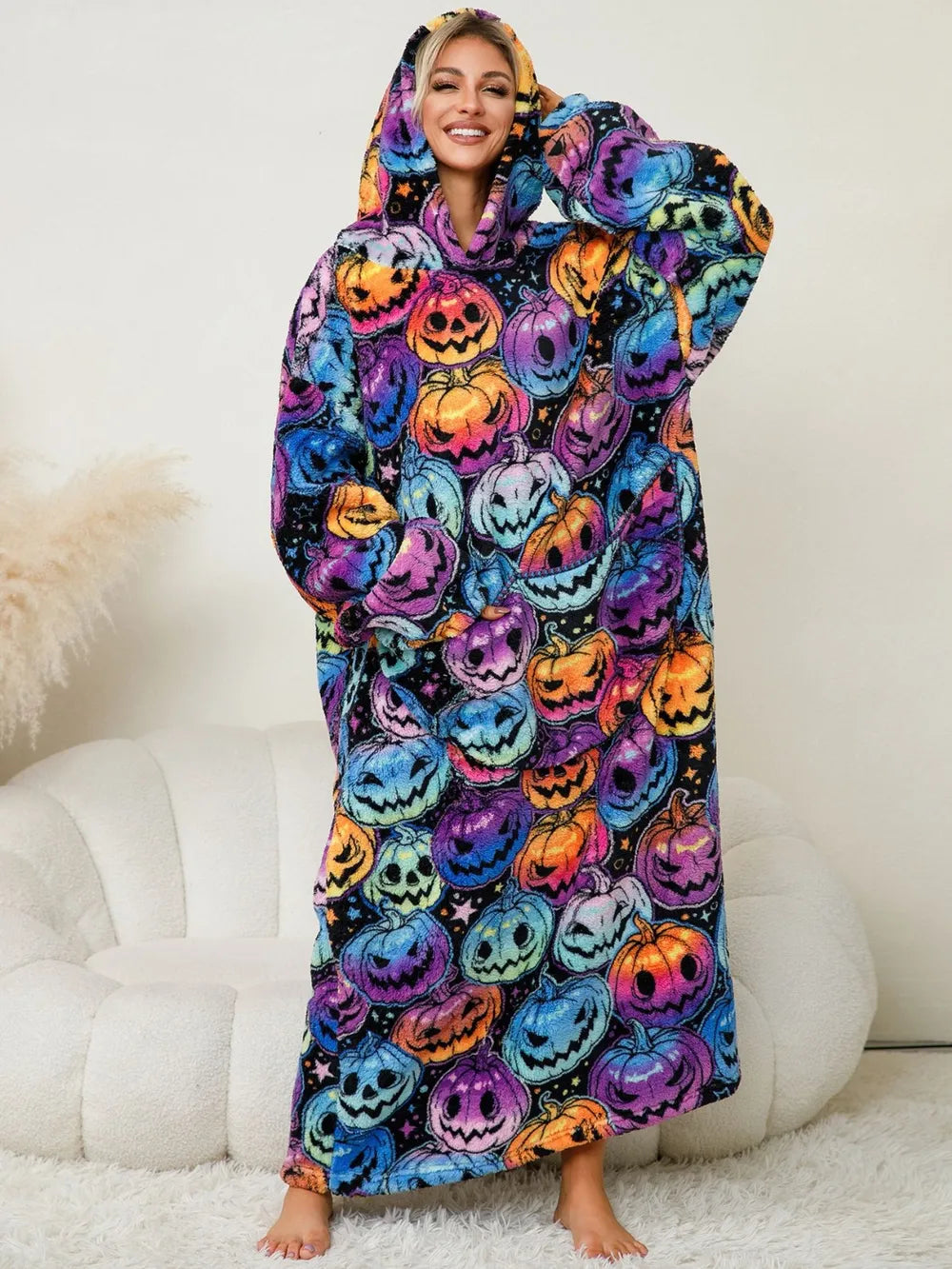 Fuzzy Pocketed Long Sleeve Hooded Lounge Dress Easy Apparels