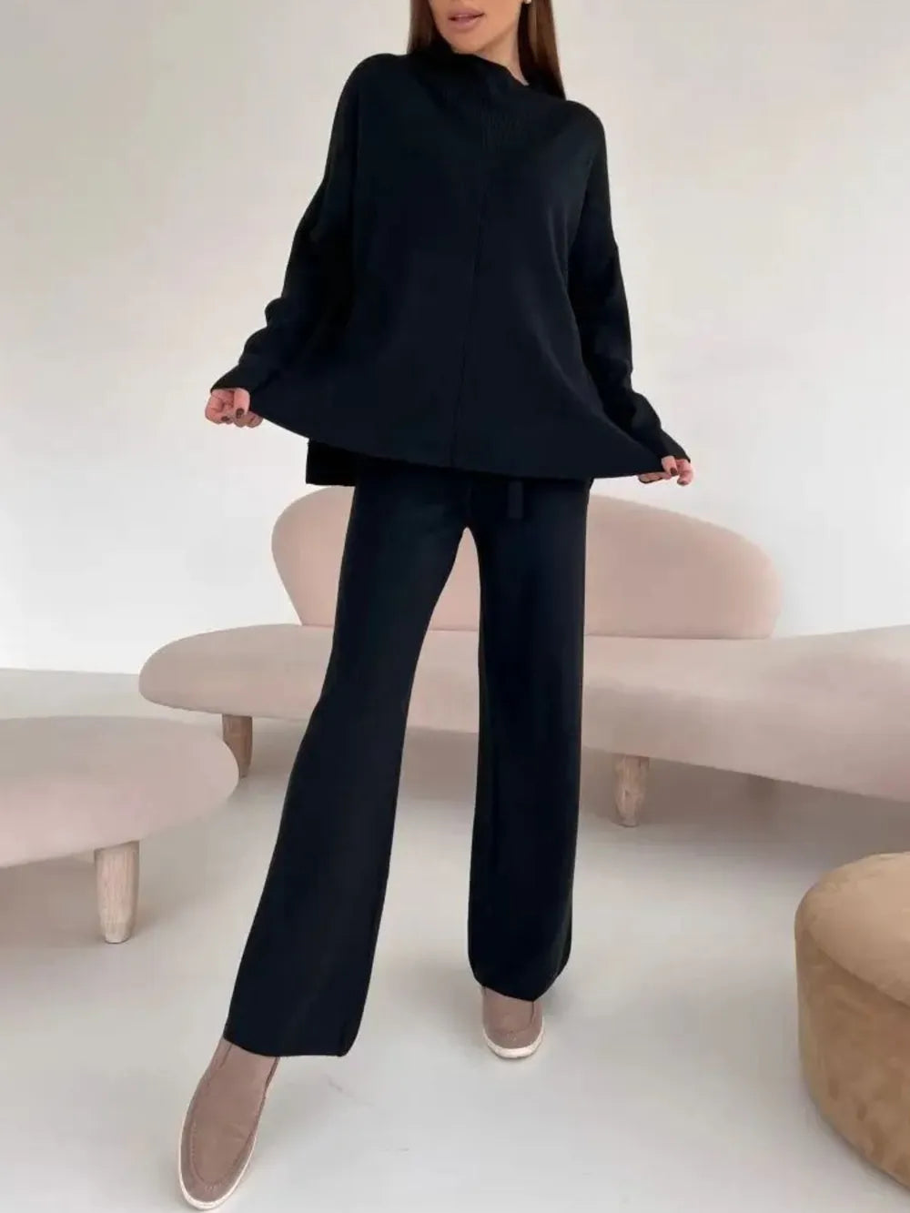 Slit Mock Neck Top and Pants Sweater Set Easy Apparels