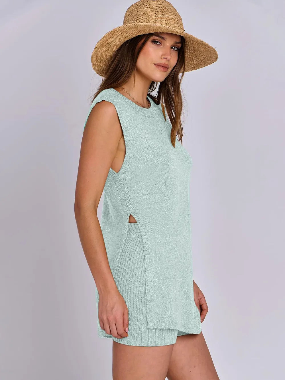 Side Slit Round Neck Tank and Ribbed Shorts Sweater Set Easy Apparels