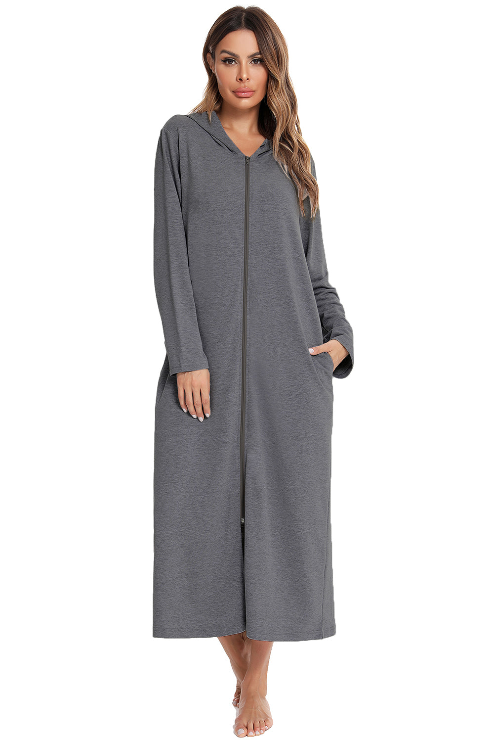 Zip Front Hooded Night Dress with Pockets Easy Apparels
